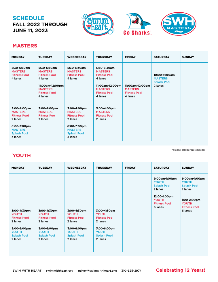 Swim with Heart - Masters Schedule 2022 - June 2023